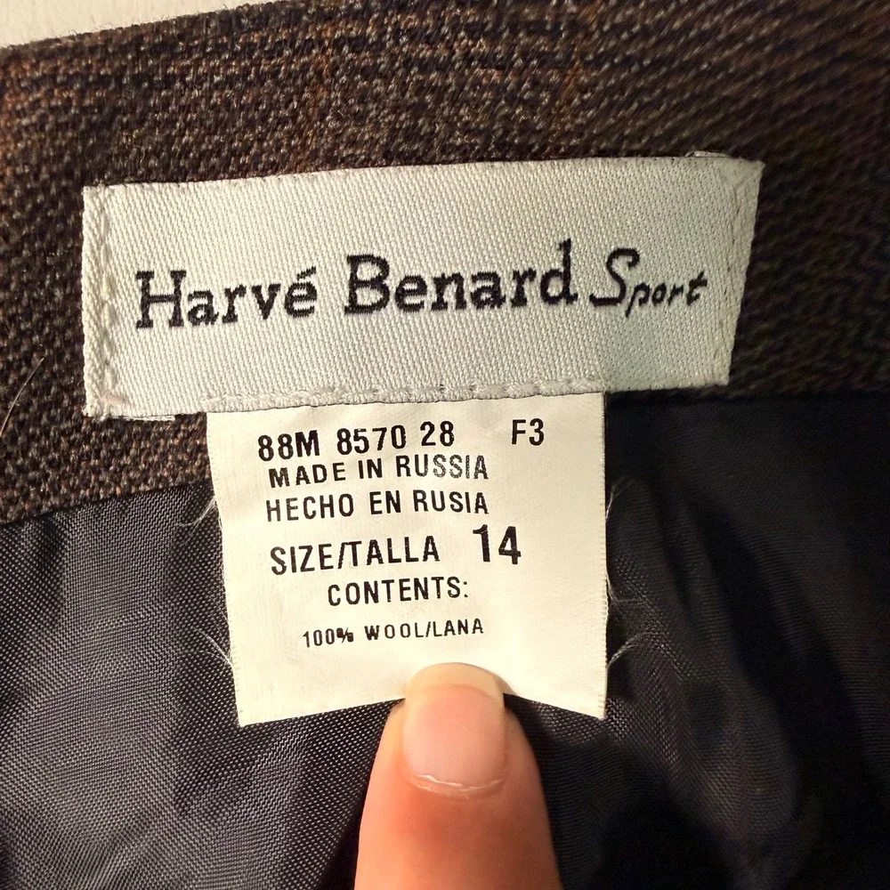 Harve Benard Sport Vintage Brown Glen Plaid 100% Wool Fringe Midi Skirt Size 14